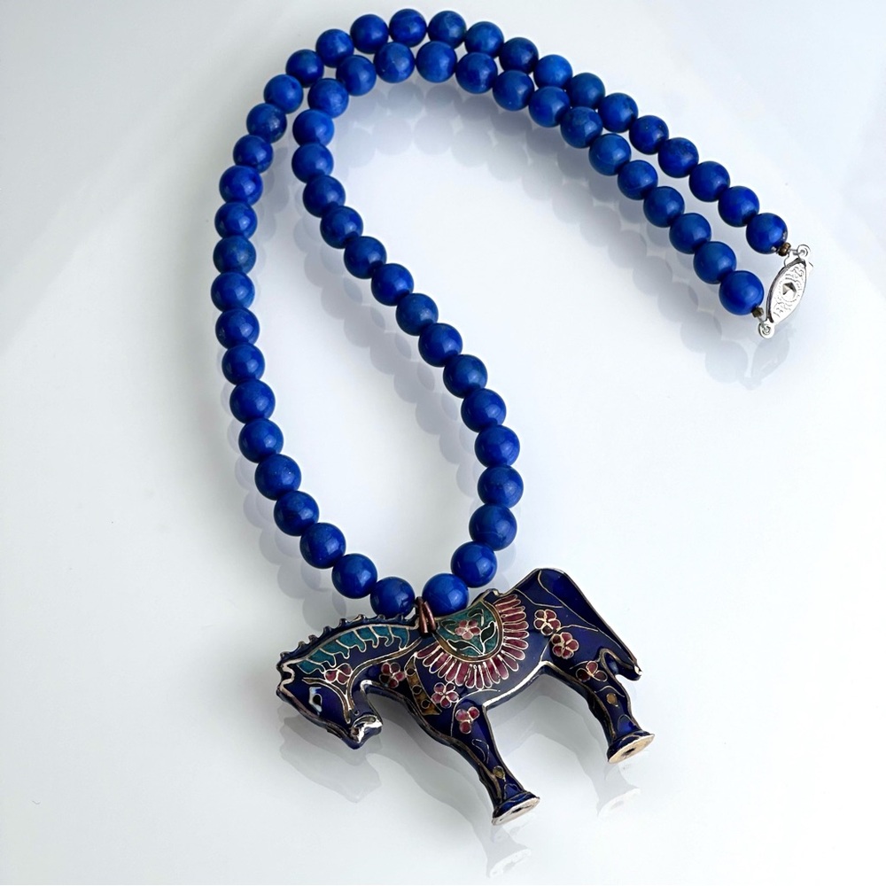 Mid Century Chinese Export Natural Lapis Lazuli Bead Necklace Cloisonné Horse